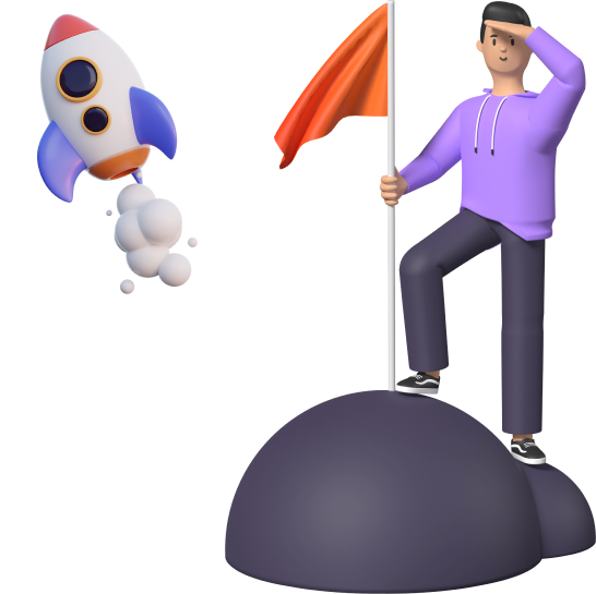 Software and Product Development Hero, standing with an orange flag and a rocket launching in the background
